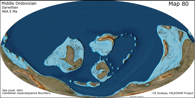 Reconstruction of the distribution of continents and smaller landmasses during the Middle Ordovician Period, about 464 million years ago. 